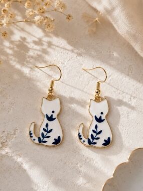 White & Blue Floral Cat Dangle Earrings - Gold Accent New
